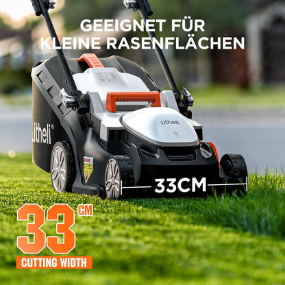 Litheli Akku Rasenmäher, 20V/33cm Schnittbreite, bis 200 m², 30L Fangkorb, 25-65 mm Schnitthöhe, inkl. 4,0 Ah Akku
