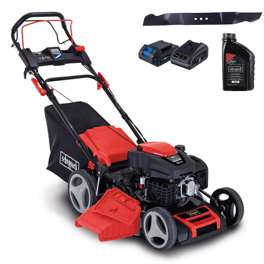 Scheppach MS225-53E VS Benzin-Rasenmäher – 6 PS, E-Start, VarioSpeed, 53 cm Schnittbreite, Antrieb, Mulch, 65 L Fangkorb, inkl. Öl, Messer, Akku, Ladegerät