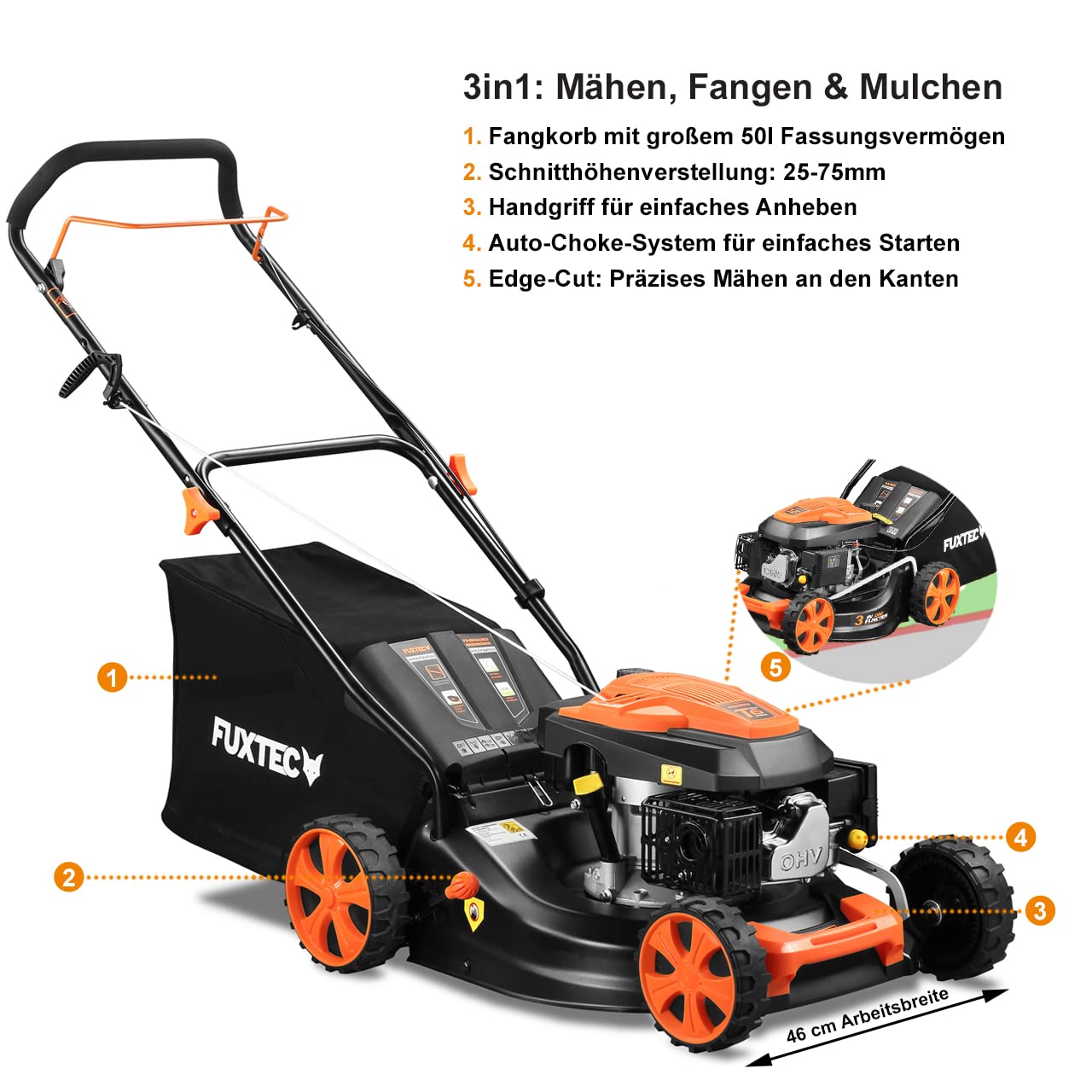 FUXTEC FX-RM4646ECO Benzin-Rasenmäher – 3in1, 46 cm Schnittbreite, 3,5 PS, 4-Takt, 7-fach Höhenverstellung, 50 L Fangkorb, Mulch & Reinigungsanschluss