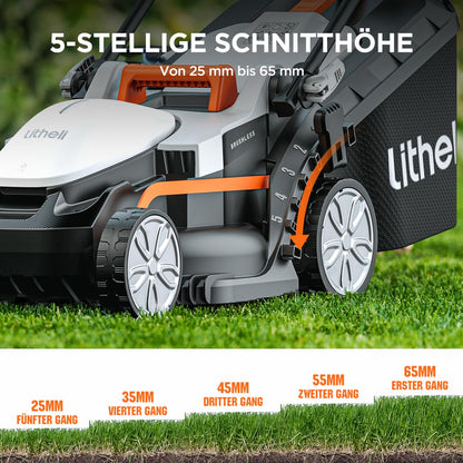 Litheli Akku Rasenmäher, 20V/33cm Schnittbreite, bis 200 m², 30L Fangkorb, 25-65 mm Schnitthöhe, inkl. 4,0 Ah Akku
