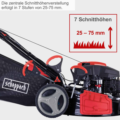 Scheppach MS225-53E VS Benzin-Rasenmäher – 6 PS, E-Start, VarioSpeed, 53 cm Schnittbreite, Antrieb, Mulch, 65 L Fangkorb, inkl. Öl, Messer, Akku, Ladegerät