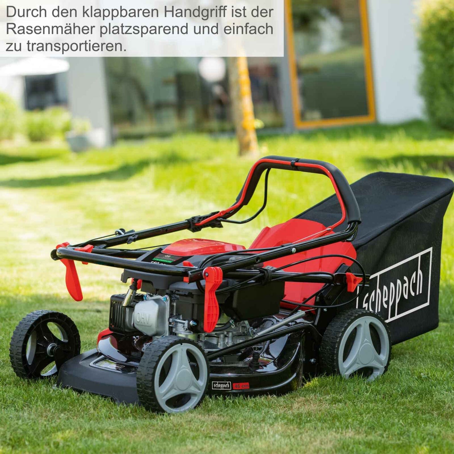 Scheppach MS161-46 Benzin-Rasenmäher – 46 cm Schnittbreite, Radantrieb, Mulch- & Seitenauswurf, 55 L Fangkorb, 7-fach Höhenverstellung, inkl. Motoröl
