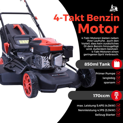 STAHLMANN BR460 Benzin-Rasenmäher – 5,4 PS, 170 ccm, 46 cm Schnittbreite, Antrieb, Mulchfunktion, 60 L Fangkorb, Höhenverstellung, Easy Clean