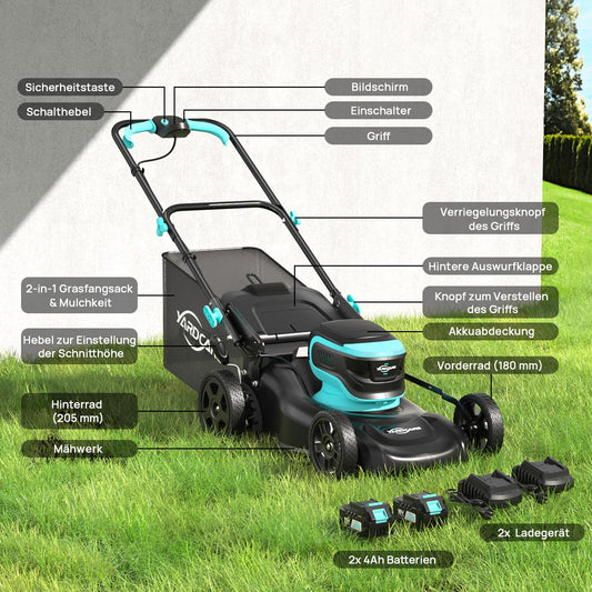 YARDCARE Akku-Rasenmäher 36 V – 41 cm Schnittbreite, bis 675 m², Mulchfunktion, 45 L Fangkorb, 7-fach höhenverstellbar, inkl. 2 Akkus & Ladegeräte
