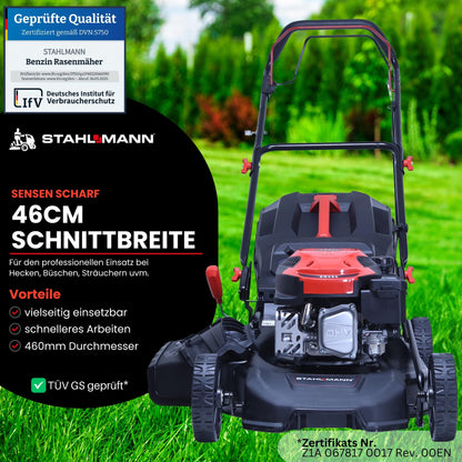 STAHLMANN BR460 Benzin-Rasenmäher – 5,4 PS, 170 ccm, 46 cm Schnittbreite, Antrieb, Mulchfunktion, 60 L Fangkorb, Höhenverstellung, Easy Clean
