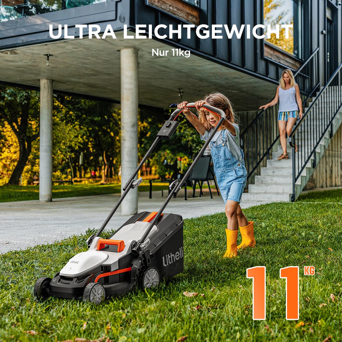 Litheli Akku Rasenmäher, 20V/33cm Schnittbreite, bis 200 m², 30L Fangkorb, 25-65 mm Schnitthöhe, inkl. 4,0 Ah Akku
