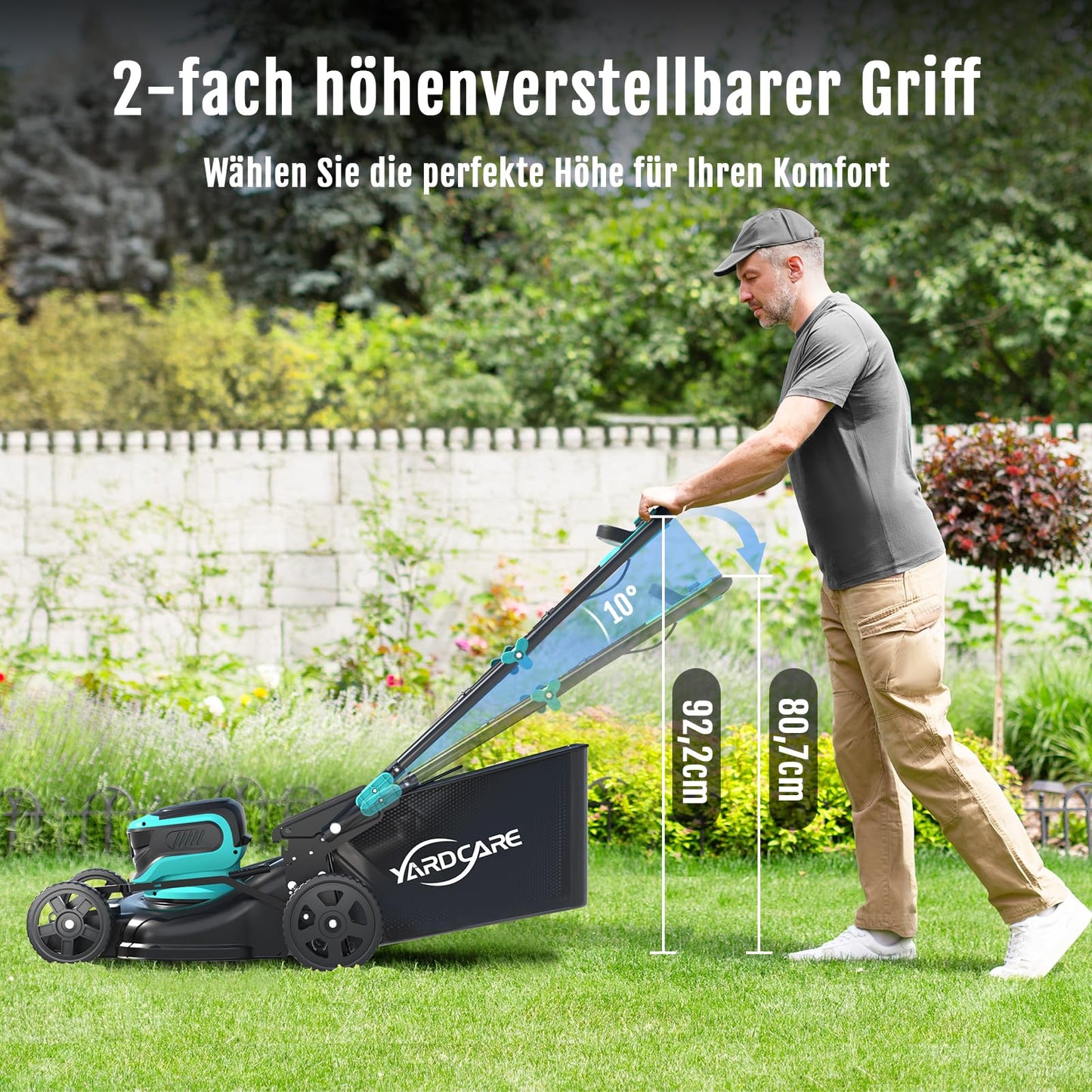 YARDCARE Akku-Rasenmäher 36 V – 41 cm Schnittbreite, bis 675 m², Mulchfunktion, 45 L Fangkorb, 7-fach höhenverstellbar, inkl. 2 Akkus & Ladegeräte