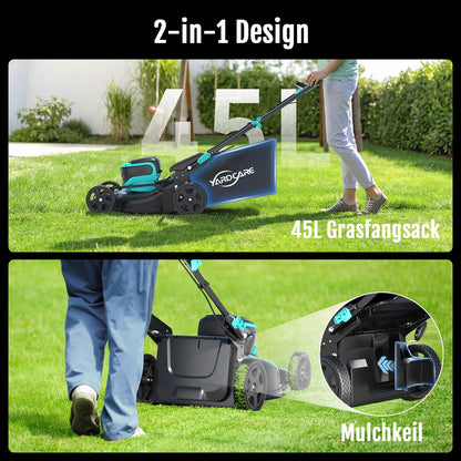 YARDCARE Akku-Rasenmäher 36 V – 41 cm Schnittbreite, bis 675 m², Mulchfunktion, 45 L Fangkorb, 7-fach höhenverstellbar, inkl. 2 Akkus & Ladegeräte